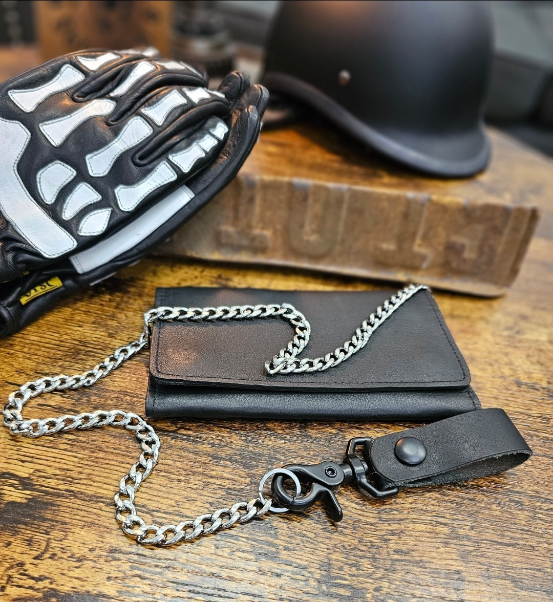 Tri Fold Leather Biker Wallet With Stainless Steel Chain