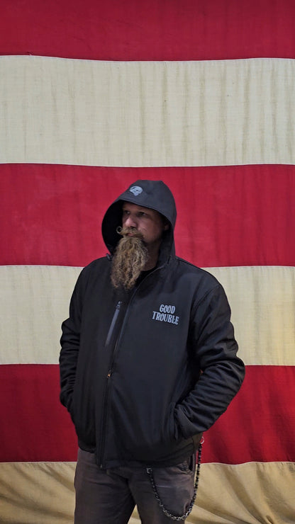 GOOD TROUBLE SOFT SHELL ARMORED HOODIE JACKET